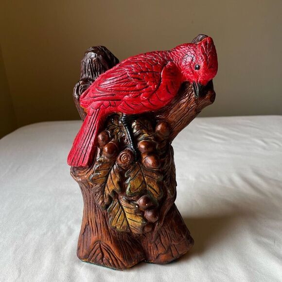 Vintage 70s Chalkware Statue Red Cardinal Perched in Tree Branch Hand Painted - Picture 1 of 12